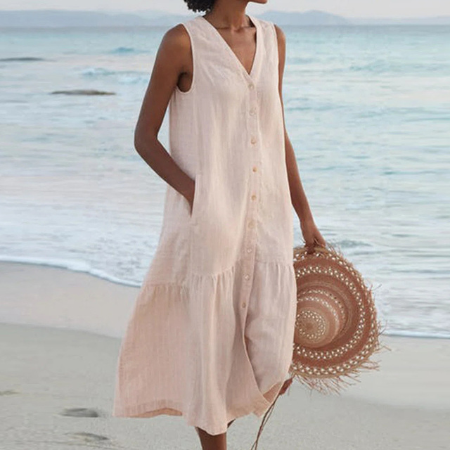 Women's Sleeveless Linen Dress – Button-Front Loose Fit Breathable Summer