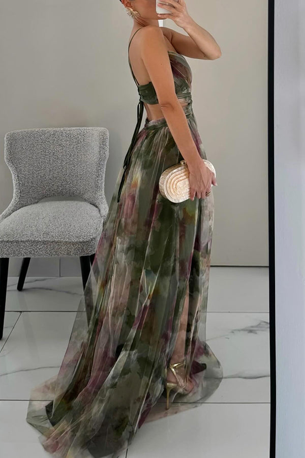 Women's Printed Maxi Dress – Elegant Lace-Up Detail Chic Long Style