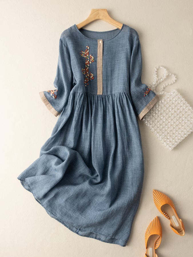Women's Bohemian Midi Dress – Floral Embroidery Casual Elegant Style
