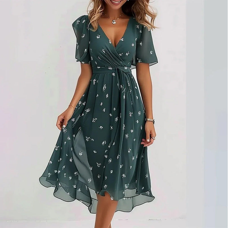 Women's Floral Wrap Midi Dress – A-Line Short Sleeve Summer