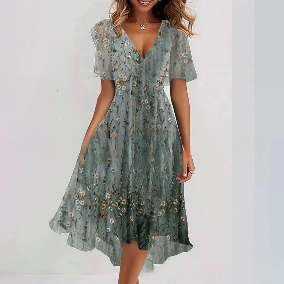 Women's Floral Wrap Midi Dress – A-Line Short Sleeve Summer