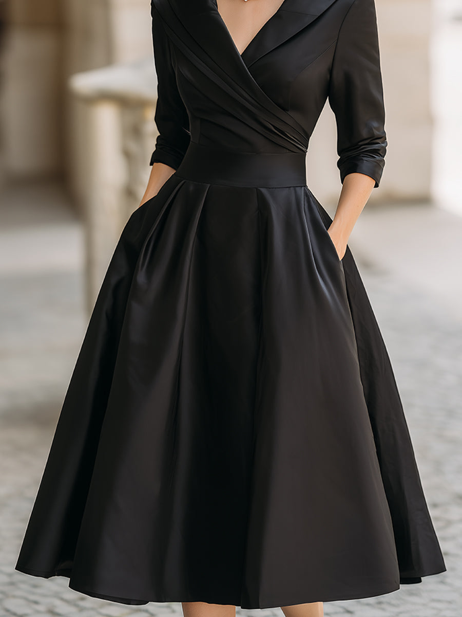 Women's Pleated A-Line Midi Dress – Vintage Elegant Formal Style