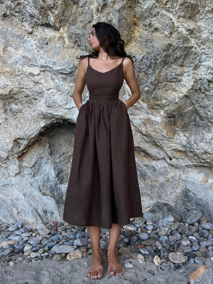 Women's Linen Maxi Dress – Sleeveless Open Back Flared Summer