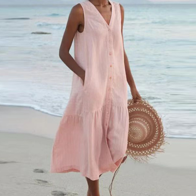 Women's Sleeveless Linen Dress – Button-Front Loose Fit Breathable Summer