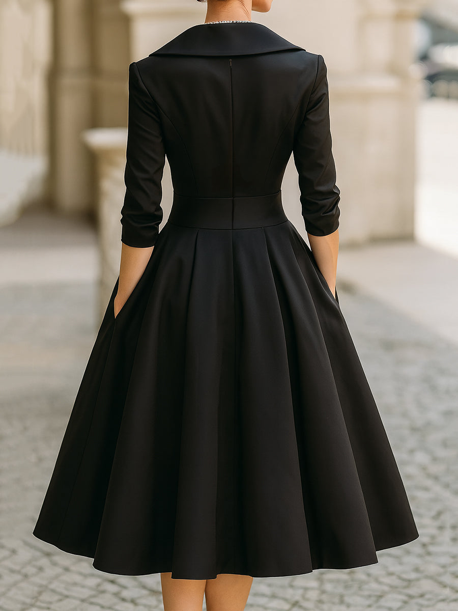 Women's Pleated A-Line Midi Dress – Vintage Elegant Formal Style