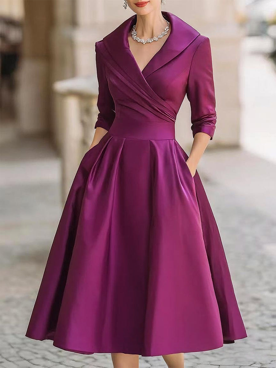 Women's Pleated A-Line Midi Dress – Vintage Elegant Formal Style