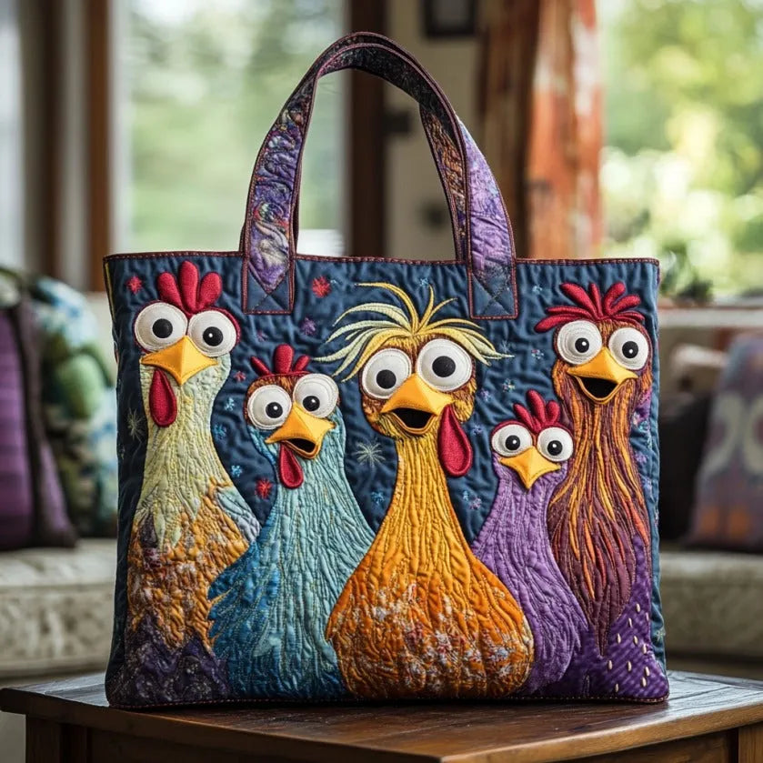 Quilted Bag – Five Colorful Chickens