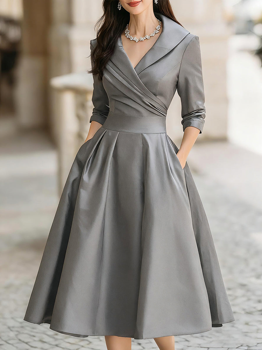 Women's Pleated A-Line Midi Dress – Vintage Elegant Formal Style