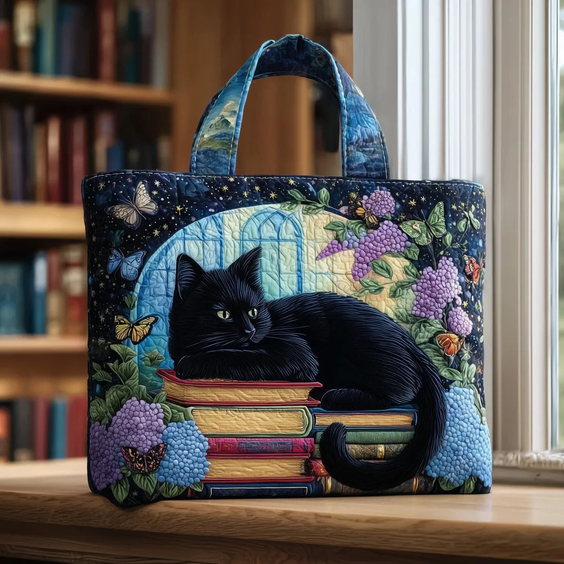 Quilted Bag – Black Cat on Books