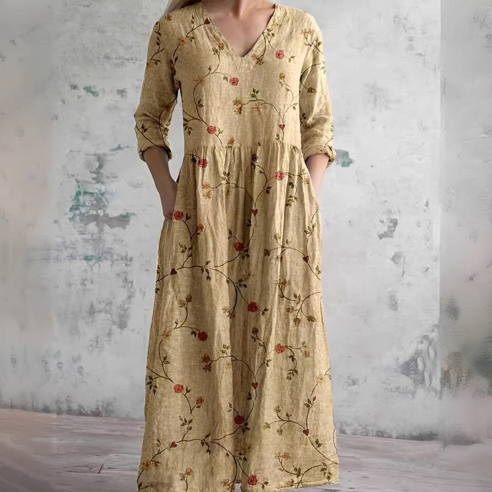 Women's Bohemian Print Maxi Dress – Long Sleeve V-Neck with Pockets