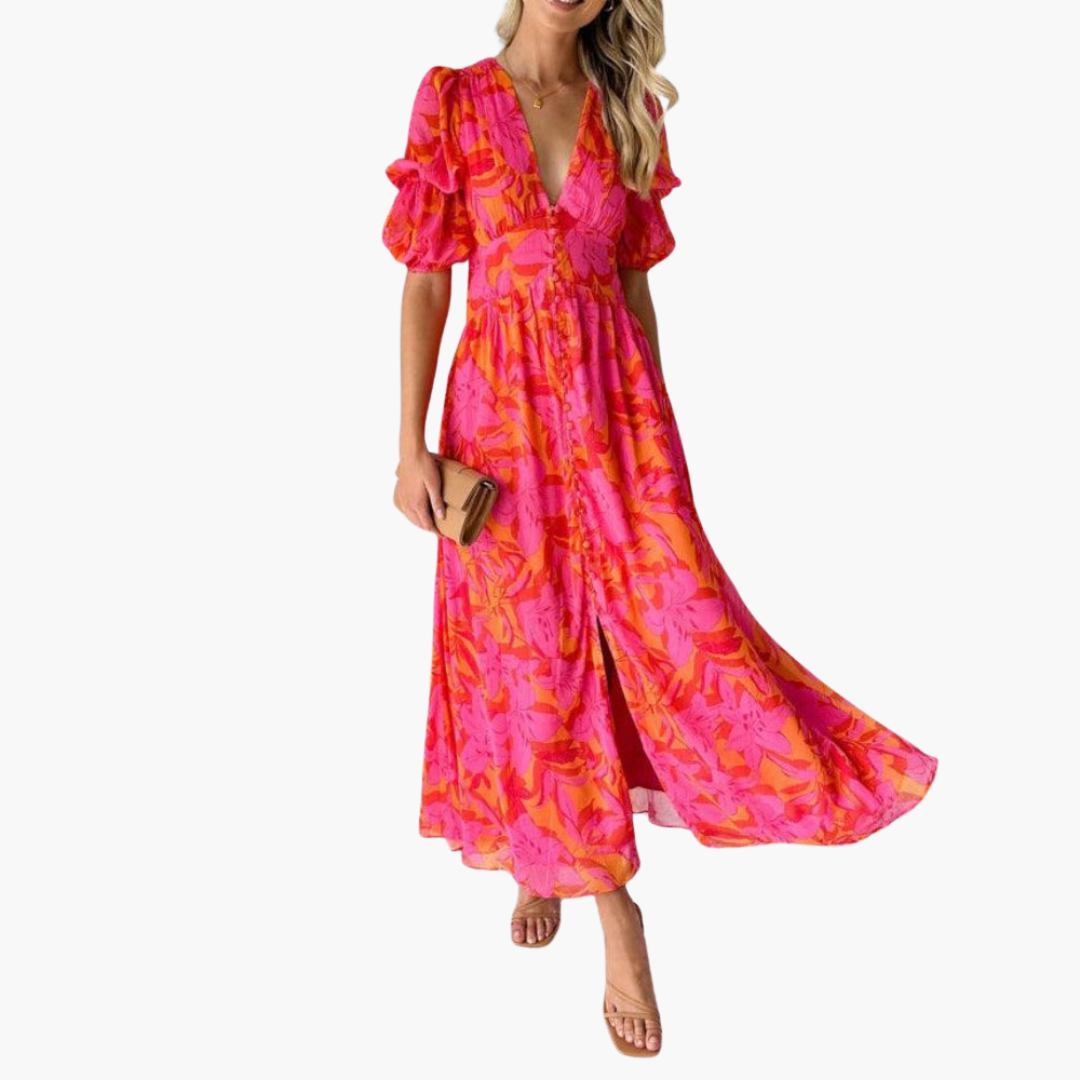 Women's Elegant Maxi Dress – V-Neck Puff Sleeve Feminine Style