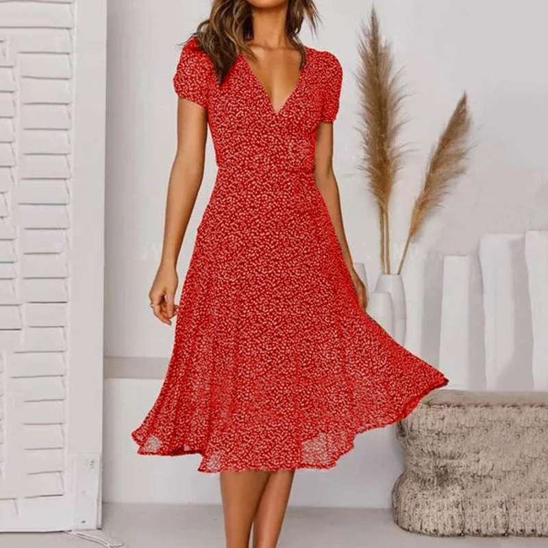 Women's Elegant Flared V-Neck Midi Dress – Flattering Lightweight Fit