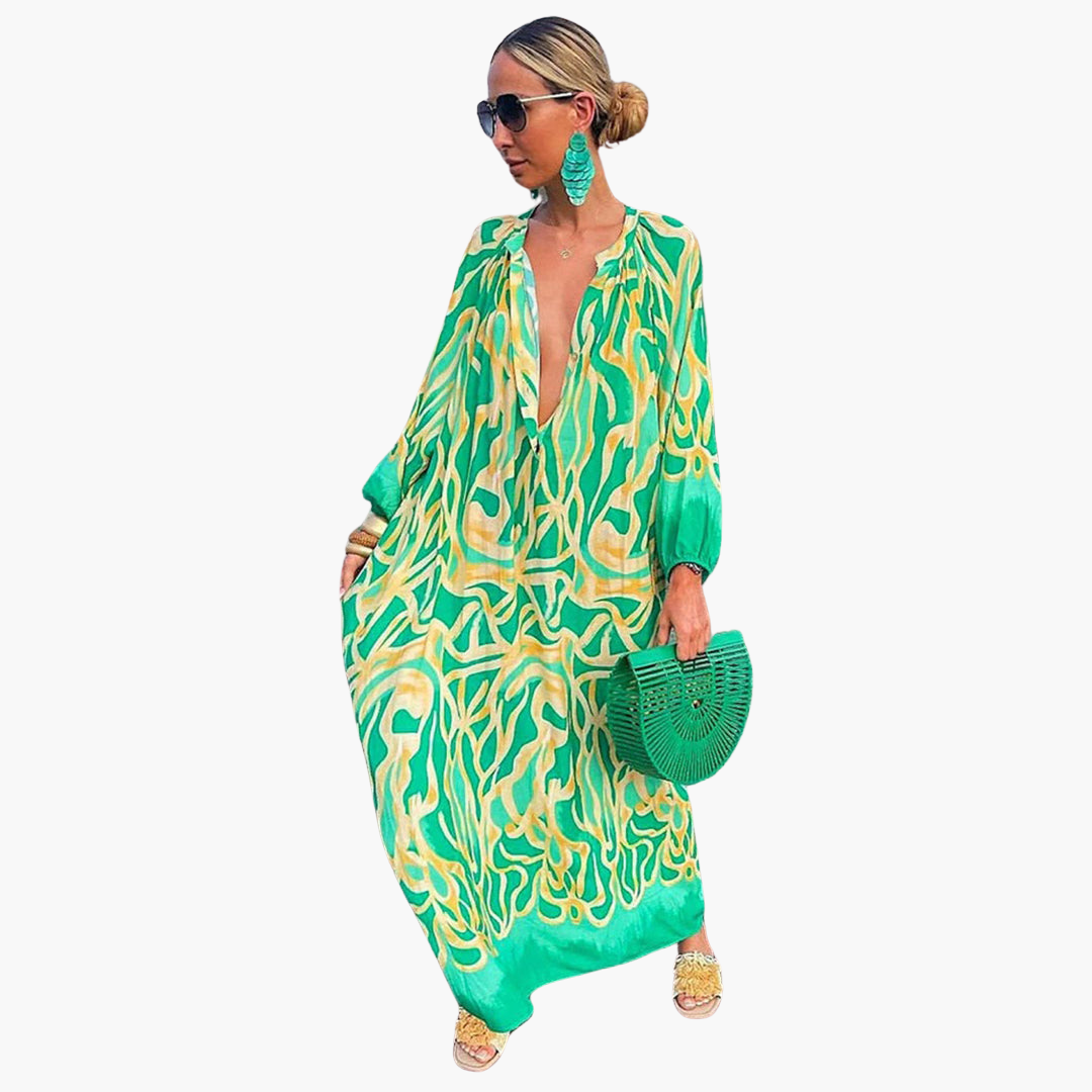 Women's Boho Maxi Dress – Green Floral Print Flowy Summer Style