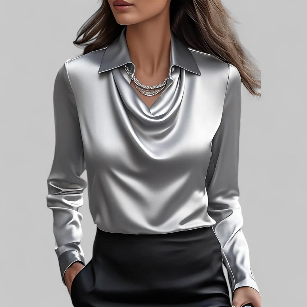 Women's Draped Neck Satin Blouse – Elegant Long Sleeve Style