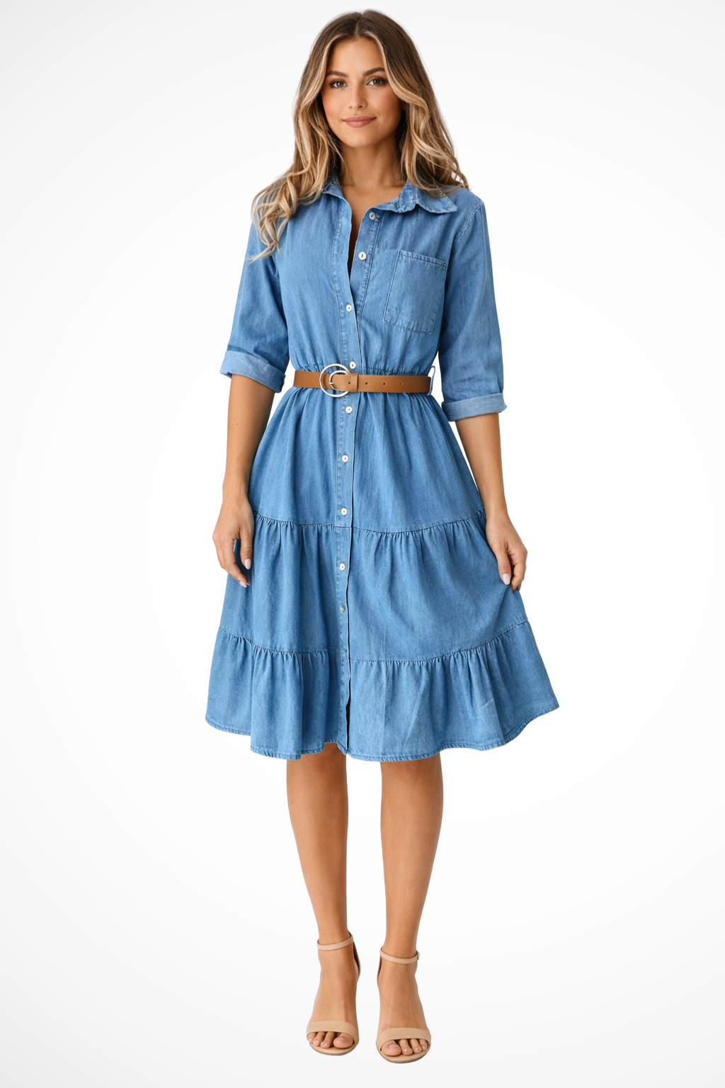 Women's Denim Tiered Midi Shirt Dress – Belted Casual Style
