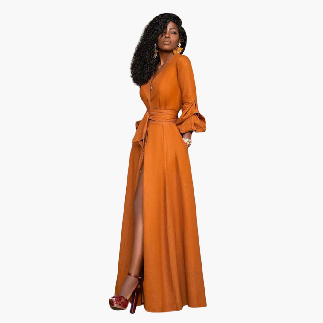 Women's Belted Maxi Dress – Elegant Waist-Defining Long Dress