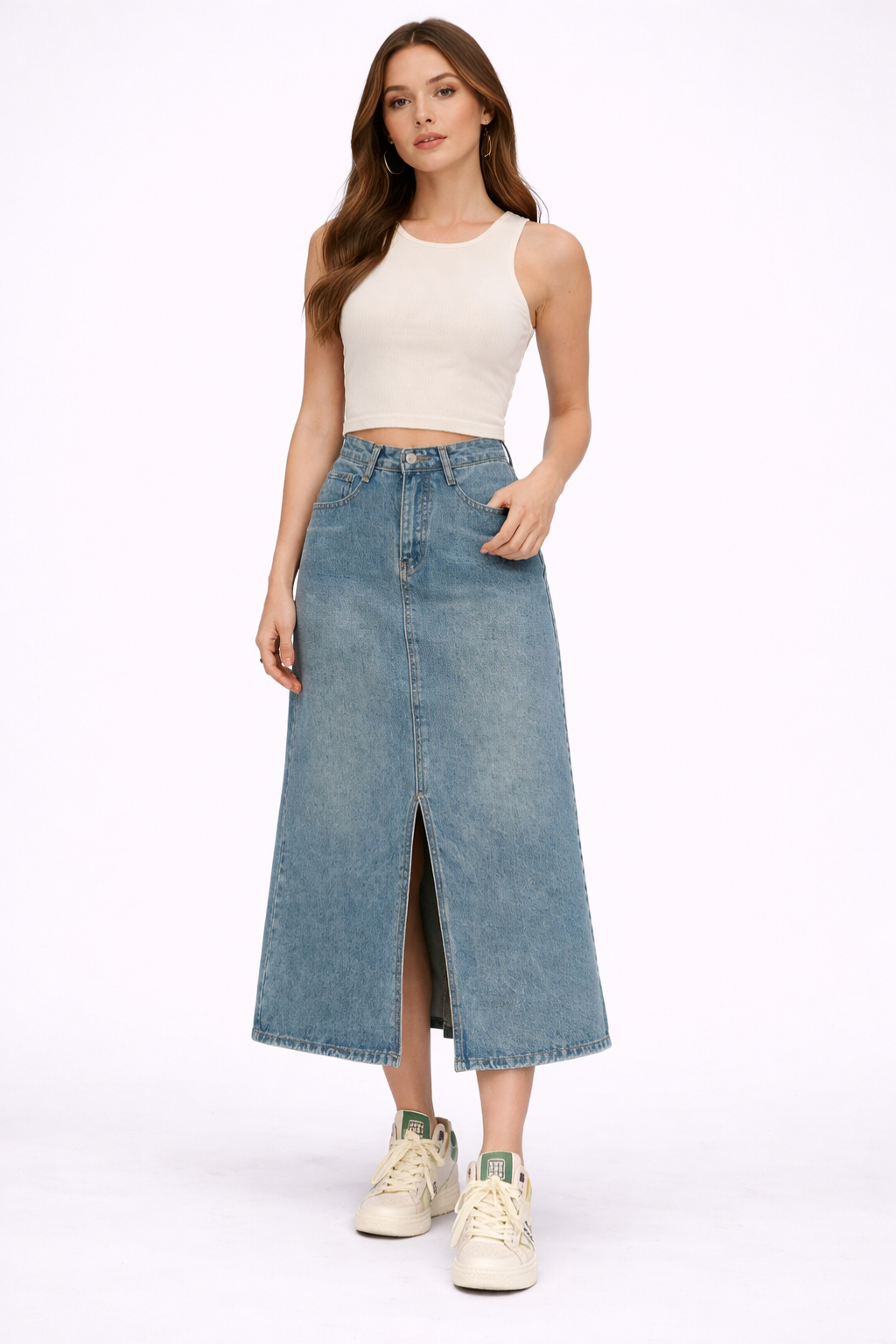 Women's A-Line Denim Maxi Skirt – High Waist Front Split Style