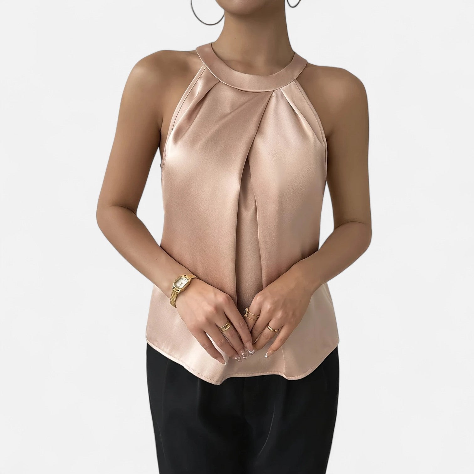 Women's Pleated Front Satin Tank – Elegant Draped Style