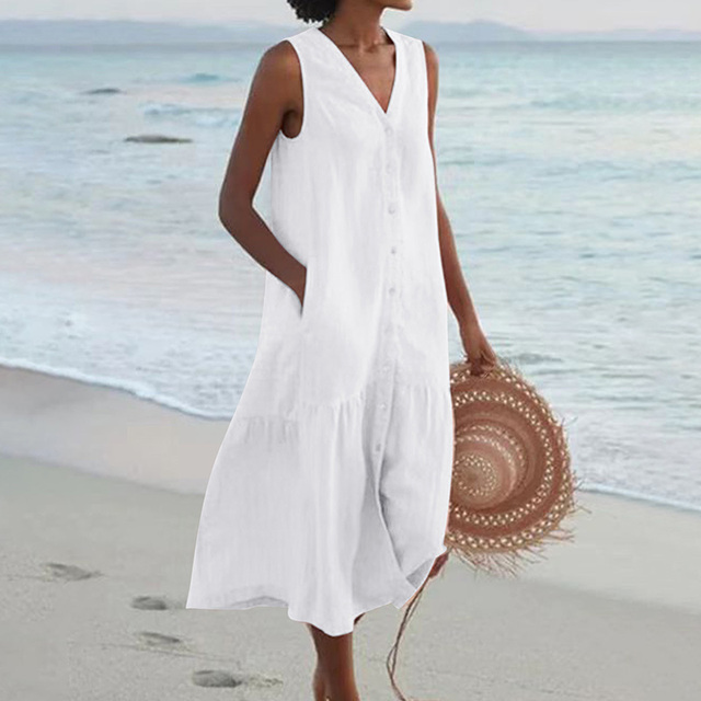 Women's Sleeveless Linen Dress – Button-Front Loose Fit Breathable Summer