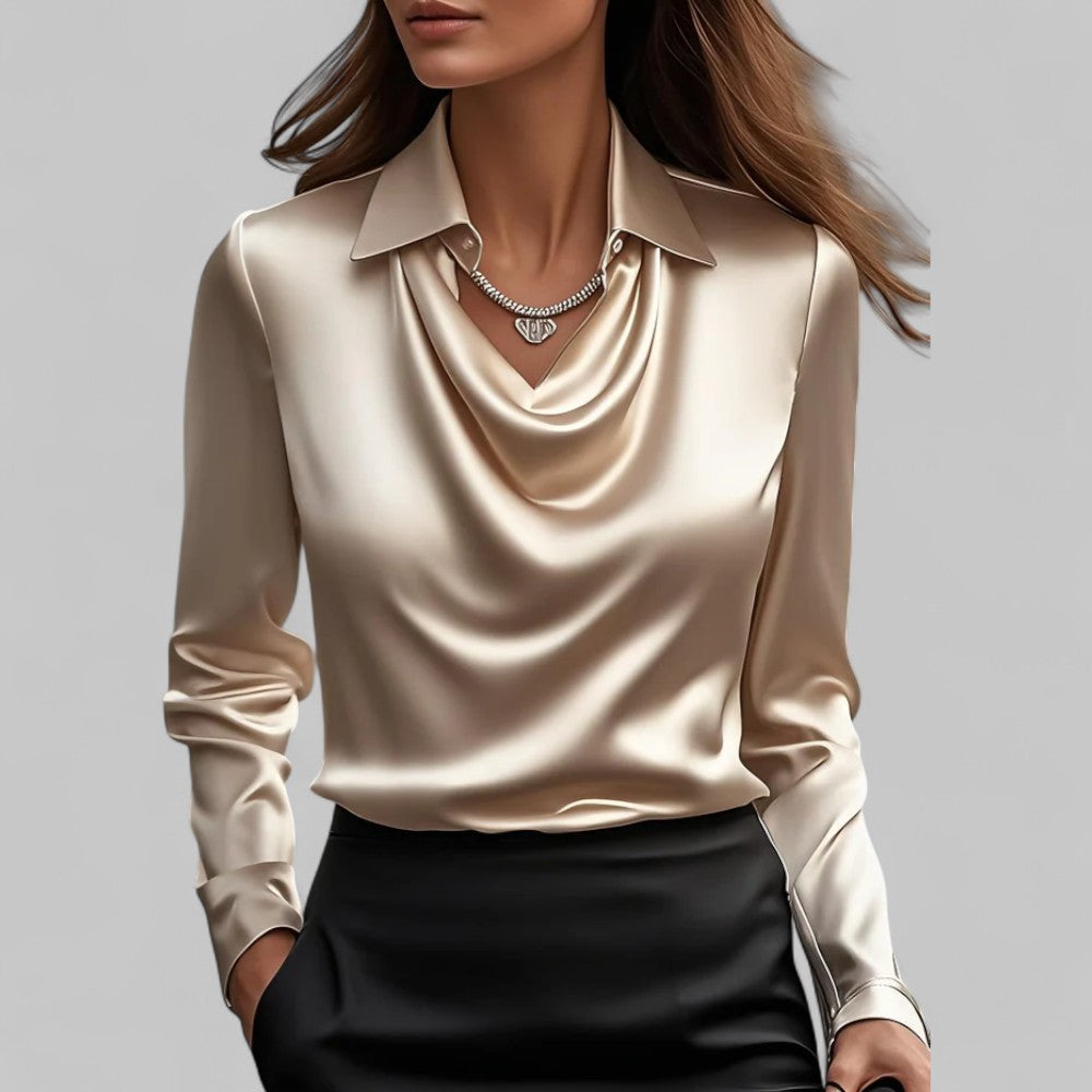 Women's Draped Neck Satin Blouse – Elegant Long Sleeve Style