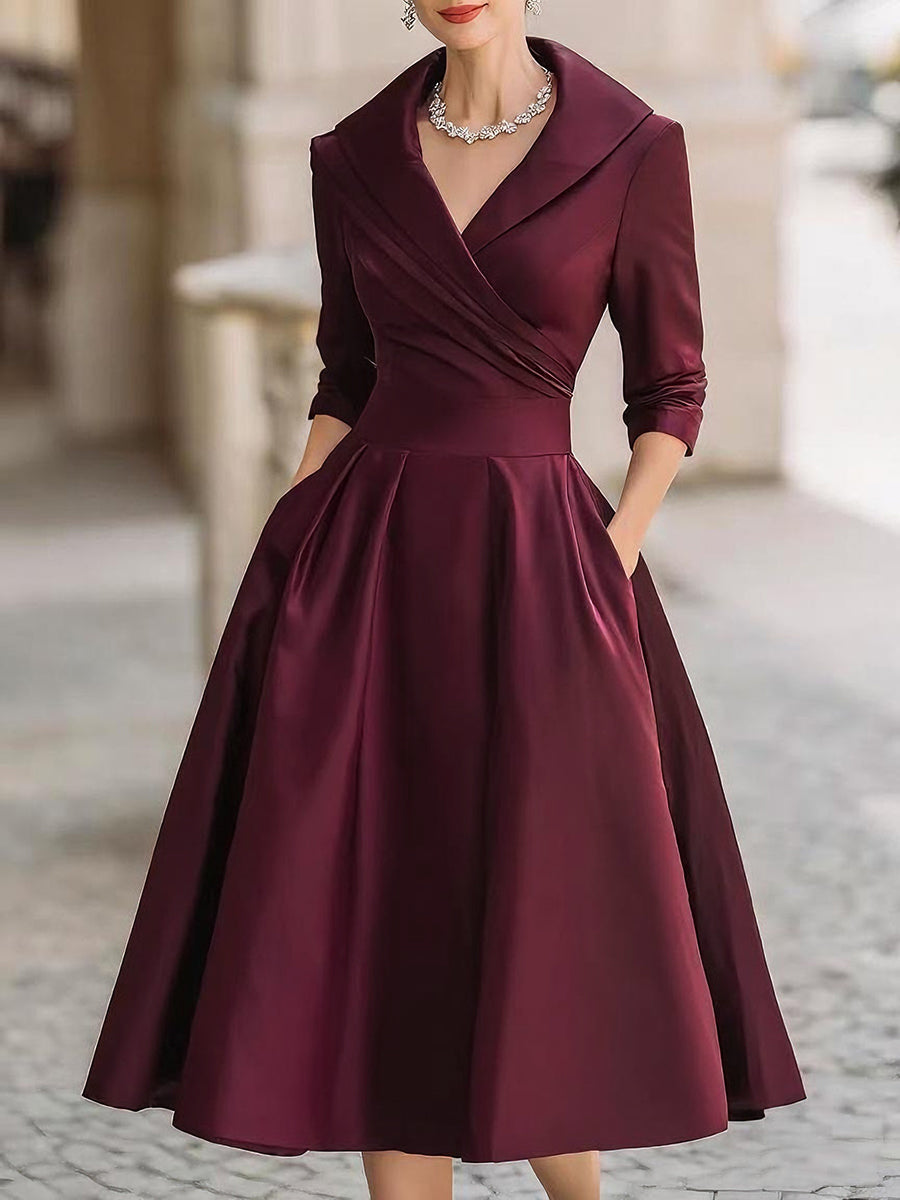 Women's Pleated A-Line Midi Dress – Vintage Elegant Formal Style