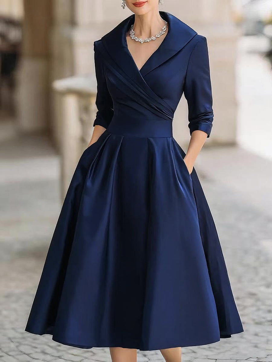 Women's Pleated A-Line Midi Dress – Vintage Elegant Formal Style
