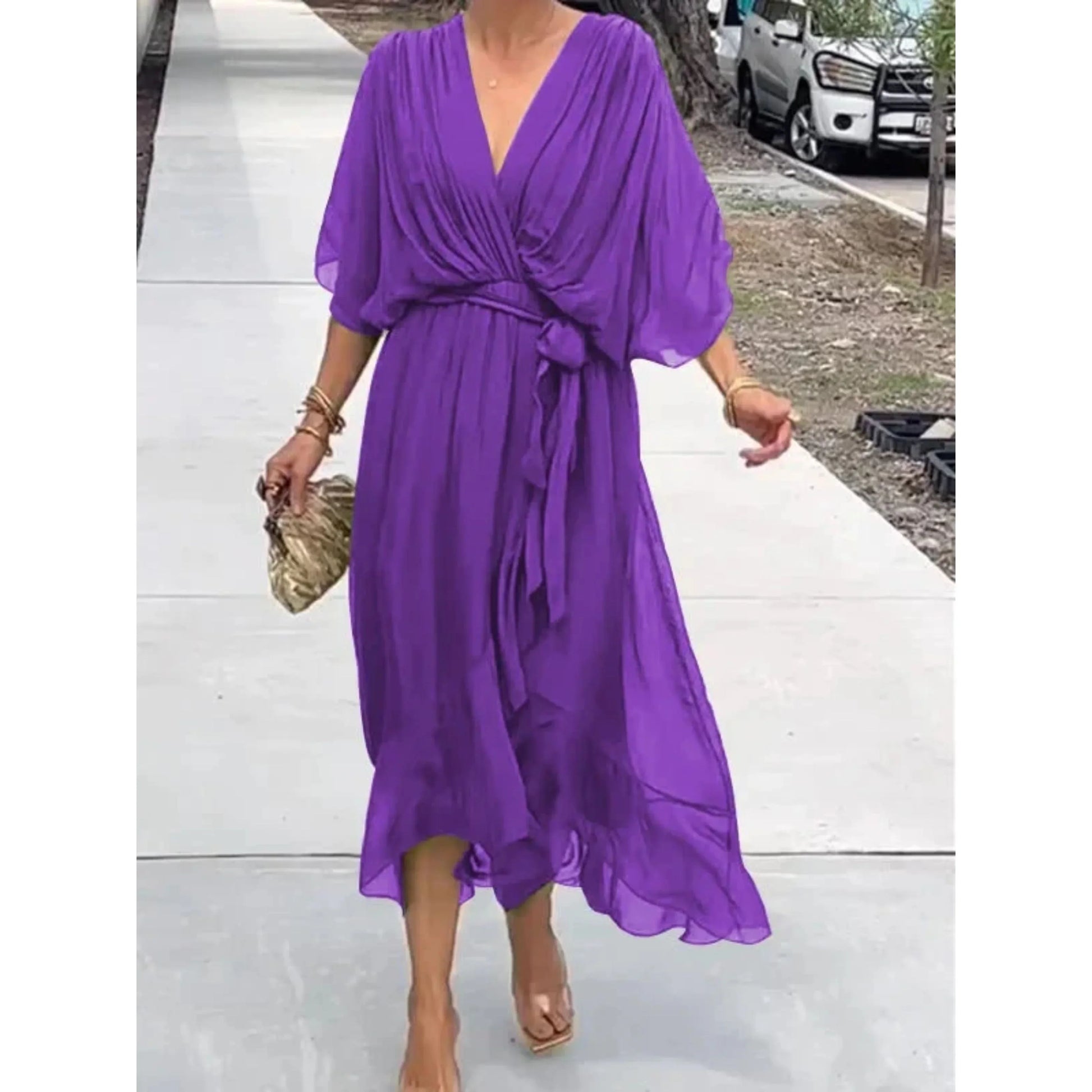 Women's Chiffon V-Neck Dress – Elegant Lightweight Flowy Versatile Style