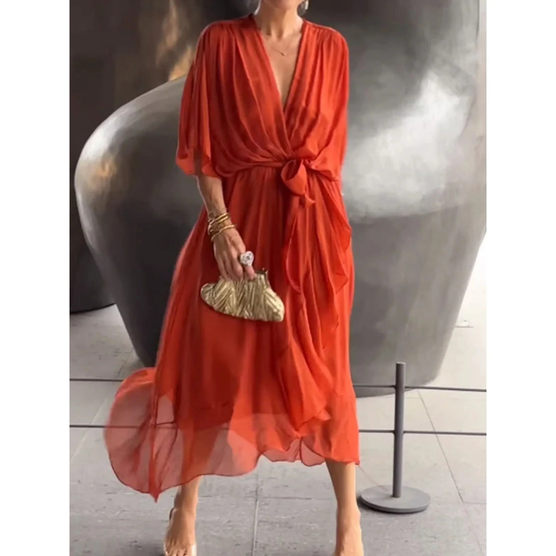 Women's Chiffon V-Neck Dress – Elegant Lightweight Flowy Versatile Style