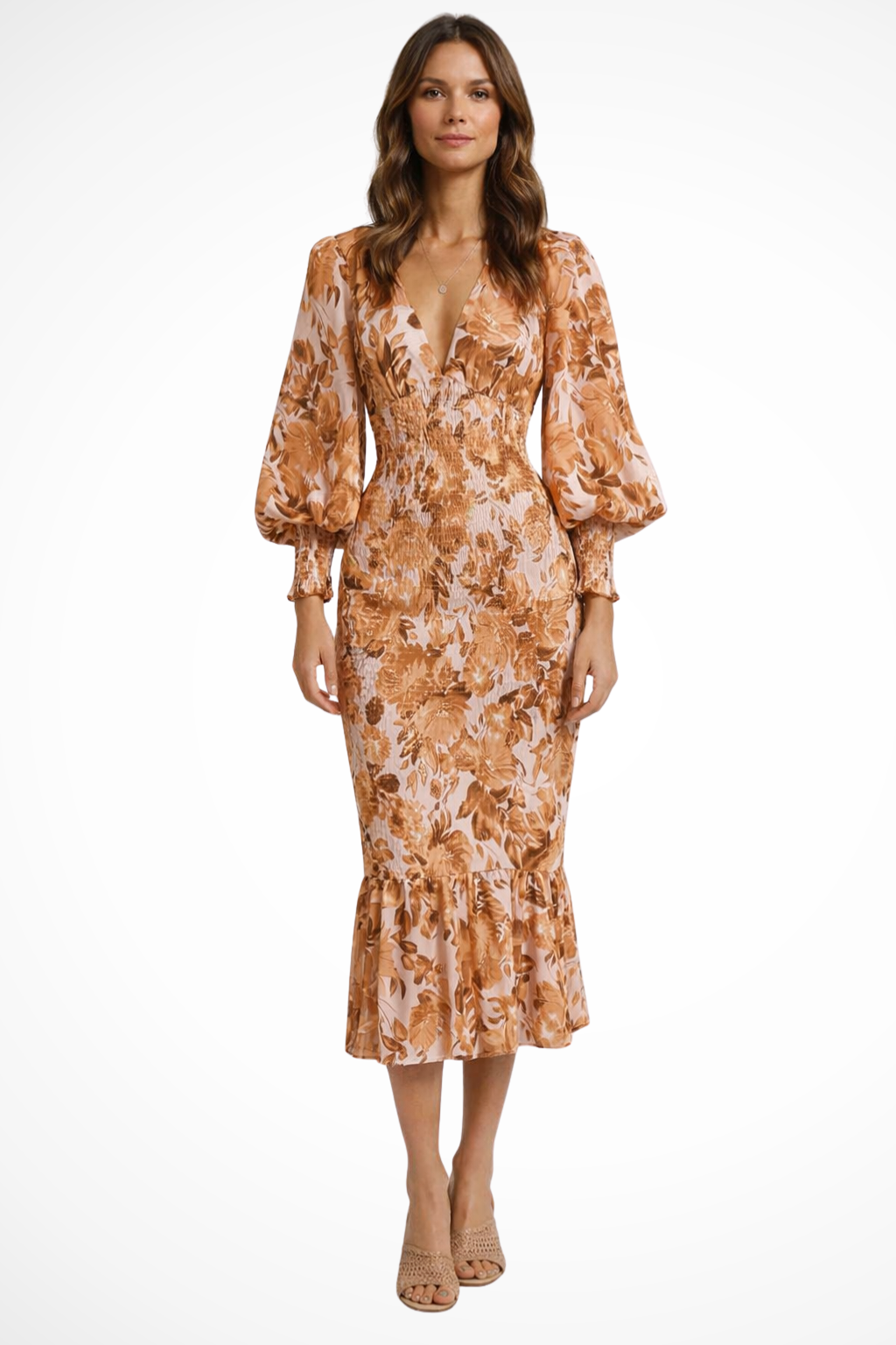 Women's Floral V-Neck Midi Dress – Long Sleeve Summer Style