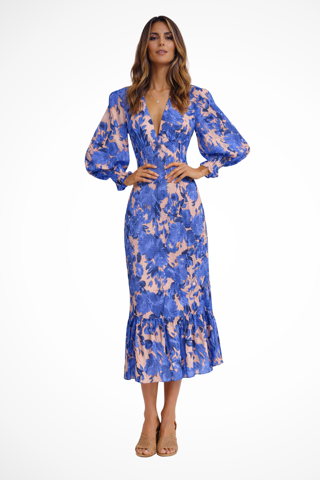 Women's Floral V-Neck Midi Dress – Long Sleeve Summer Style