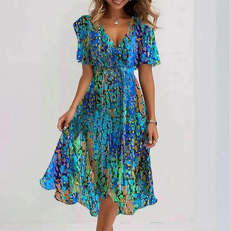 Women's Floral Wrap Midi Dress – A-Line Short Sleeve Summer
