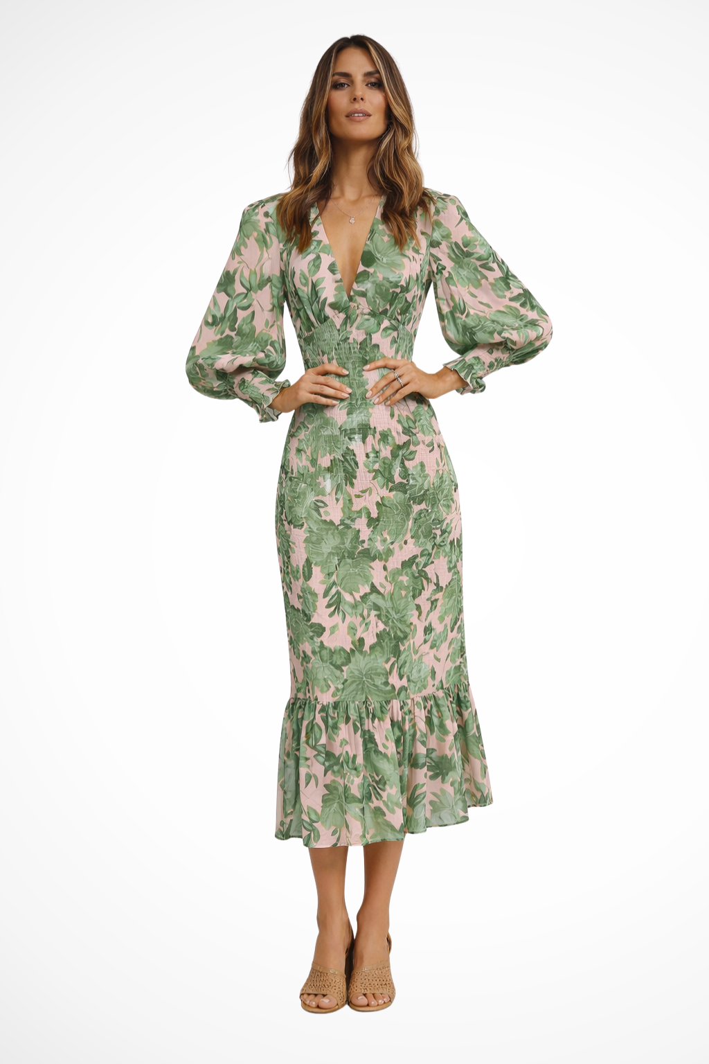 Women's Floral V-Neck Midi Dress – Long Sleeve Summer Style