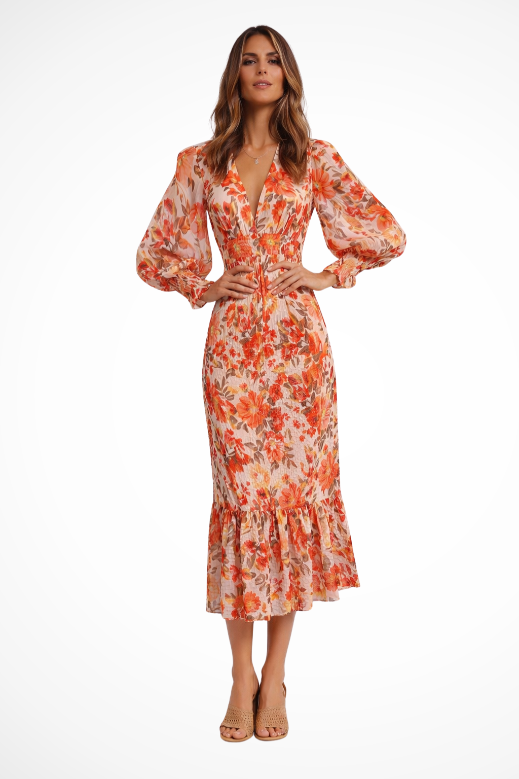 Women's Floral V-Neck Midi Dress – Long Sleeve Summer Style