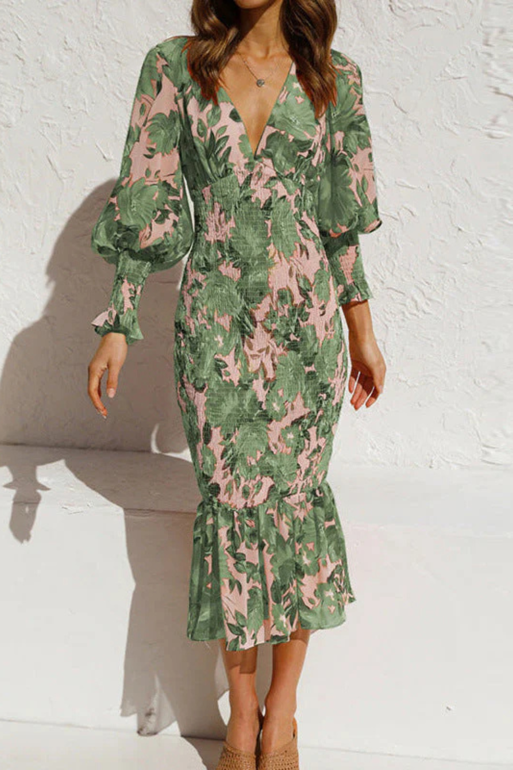 Women's Floral V-Neck Midi Dress – Long Sleeve Summer Style