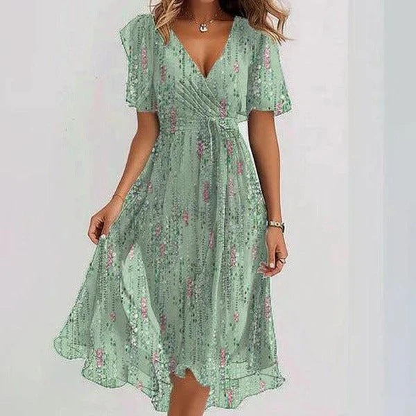 Women's Floral Wrap Midi Dress – A-Line Short Sleeve Summer