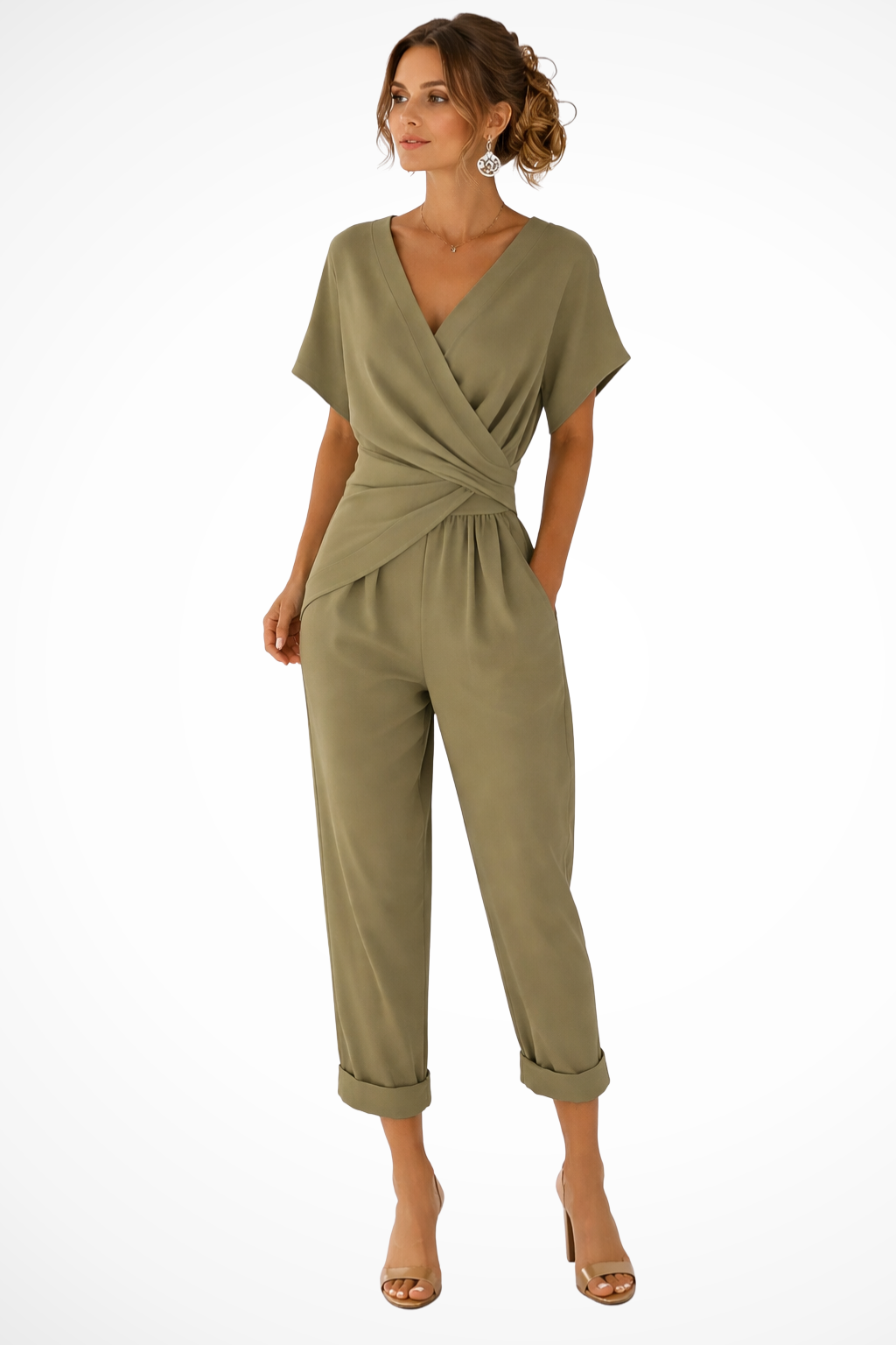 Women's Wrap Front Cropped Jumpsuit – Short Sleeve Pocket Style