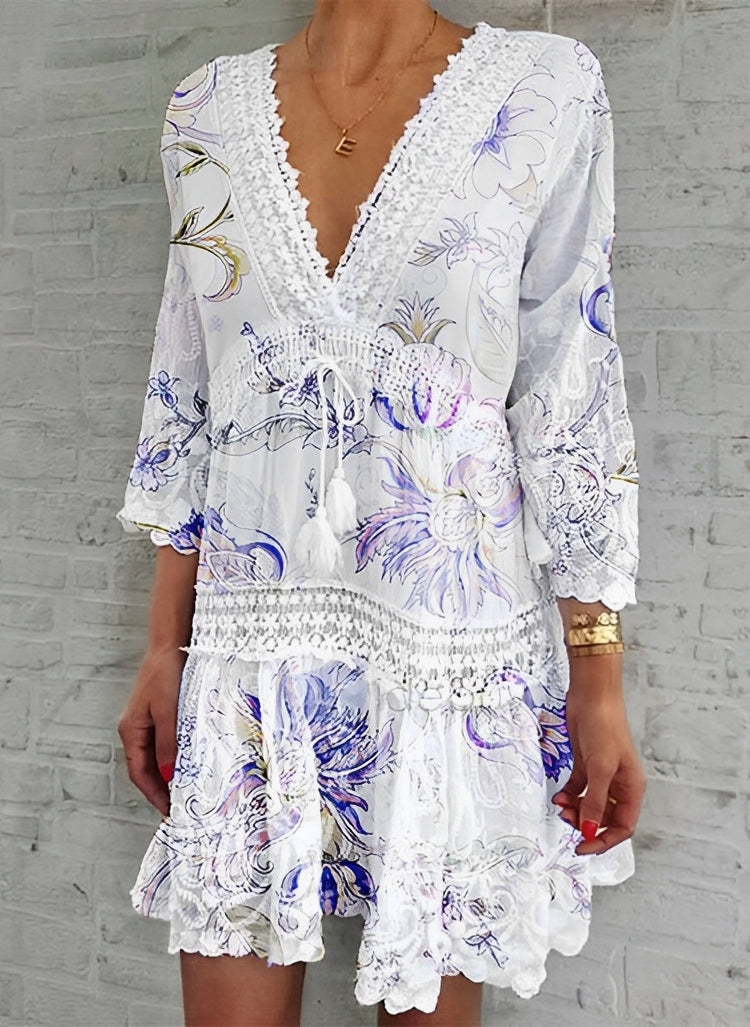 Women's Floral Mini Dress – V-Neck Bohemian Summer Casual