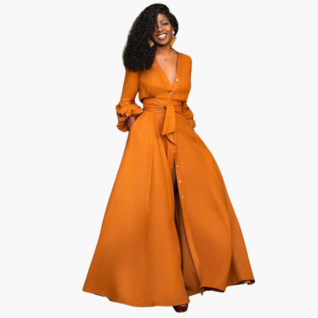 Women's Belted Maxi Dress – Elegant Waist-Defining Long Dress
