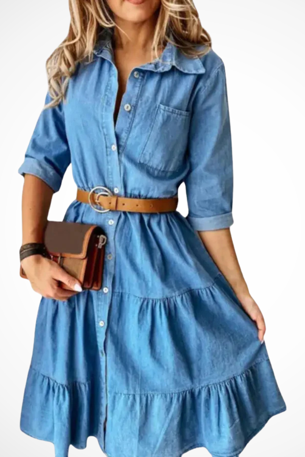 Women's Denim Tiered Midi Shirt Dress – Belted Casual Style