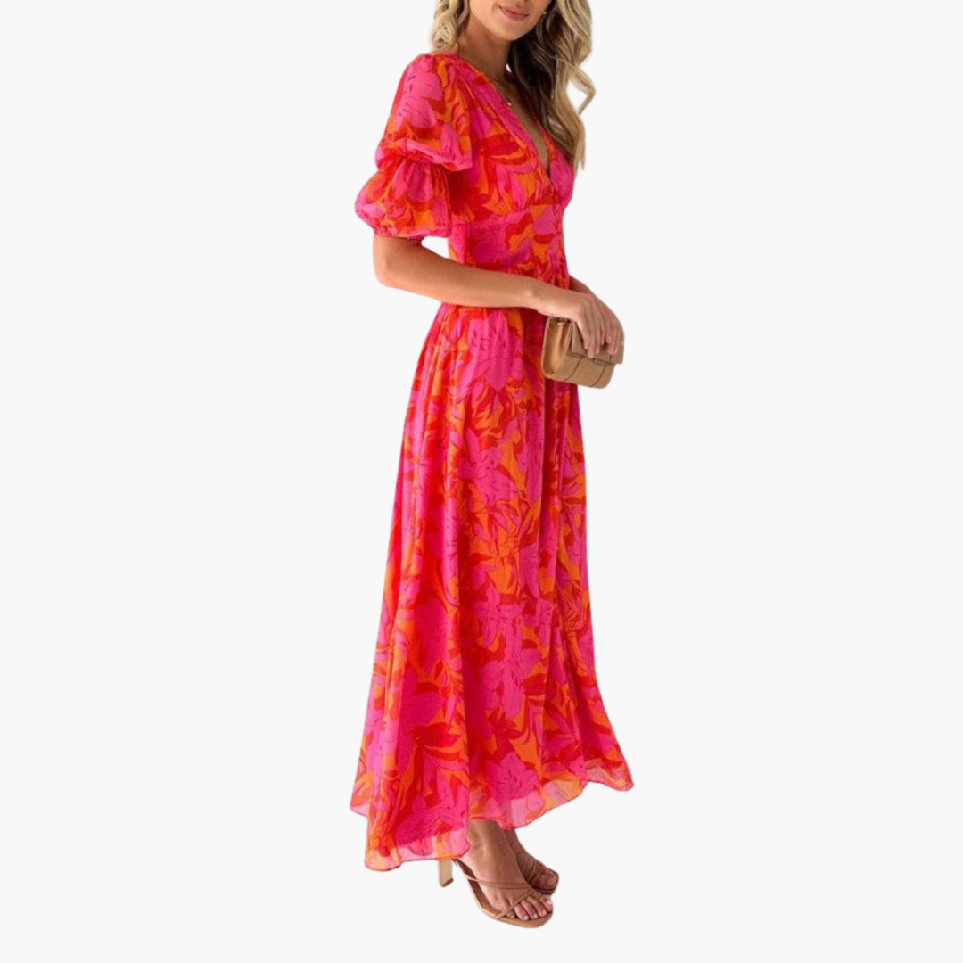 Women's Elegant Maxi Dress – V-Neck Puff Sleeve Feminine Style