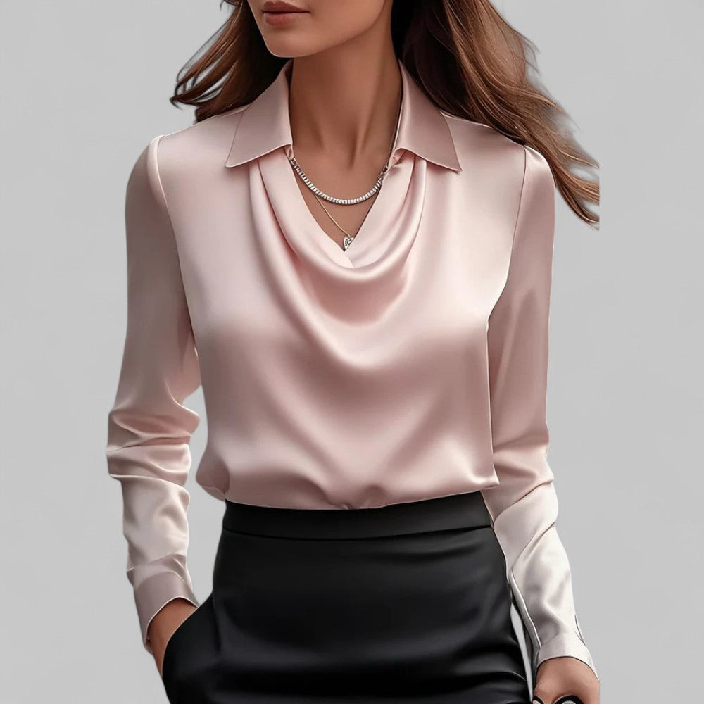 Women's Draped Neck Satin Blouse – Elegant Long Sleeve Style