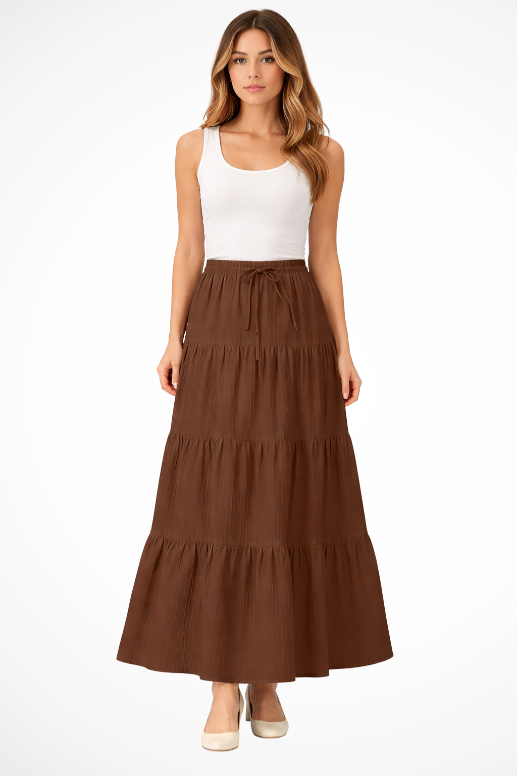 Women's Tiered Boho Maxi Skirt – Elastic Drawstring Waist Style