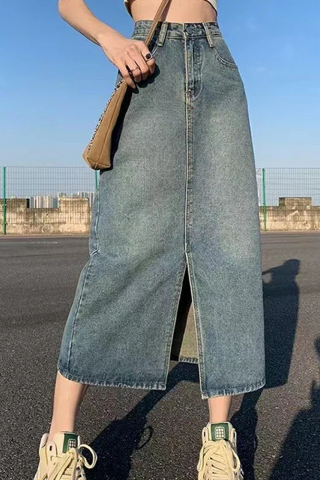 Women's A-Line Denim Maxi Skirt – High Waist Front Split Style