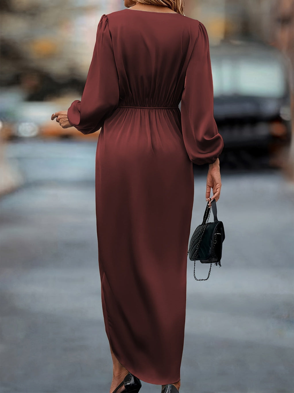 Women's Satin Balloon Sleeve Midi Dress – Asymmetric Hem Elegant Evening Gown