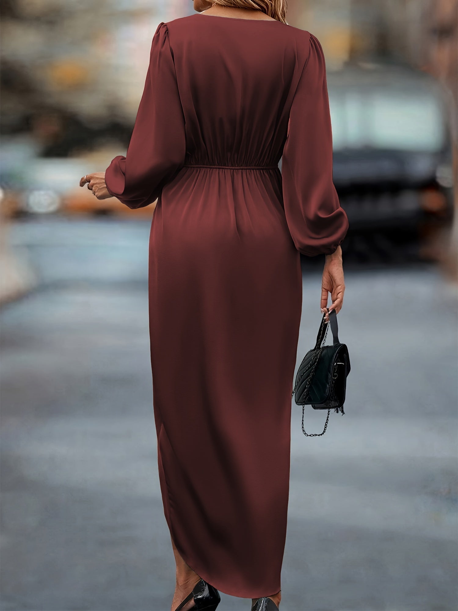 Women's Satin Balloon Sleeve Midi Dress – Asymmetric Hem Elegant Evening Gown
