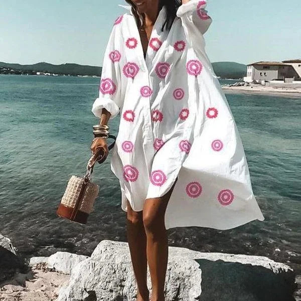 Women's White Flowy Shirt Dress – Trendy Lightweight Casual Chic