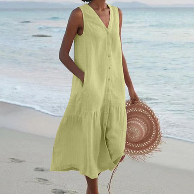 Women's Sleeveless Linen Dress – Button-Front Loose Fit Breathable Summer