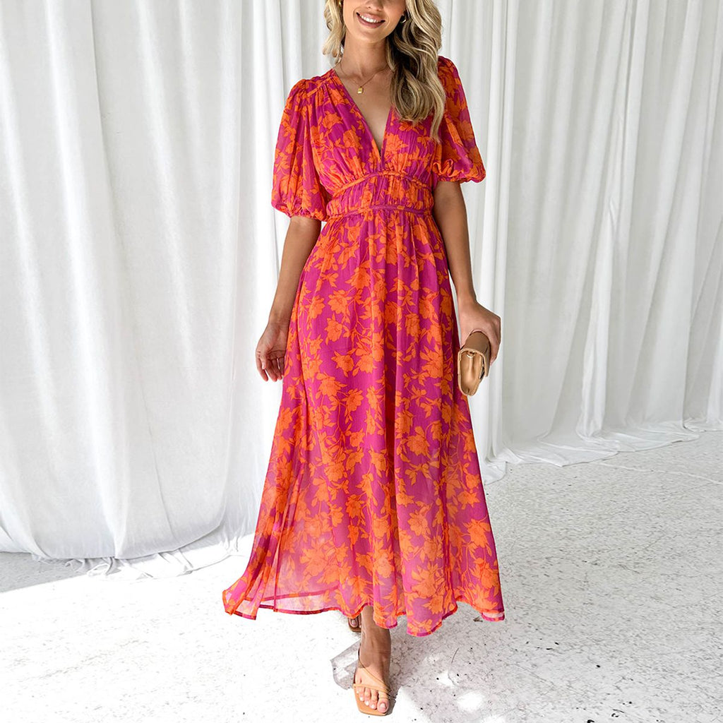 Women's V-Neck Flared Maxi Dress – Wedding Guest Flattering Graceful Style