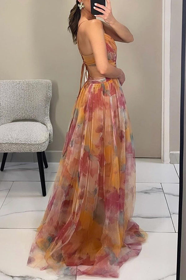 Women's Printed Maxi Dress – Elegant Lace-Up Detail Chic Long Style