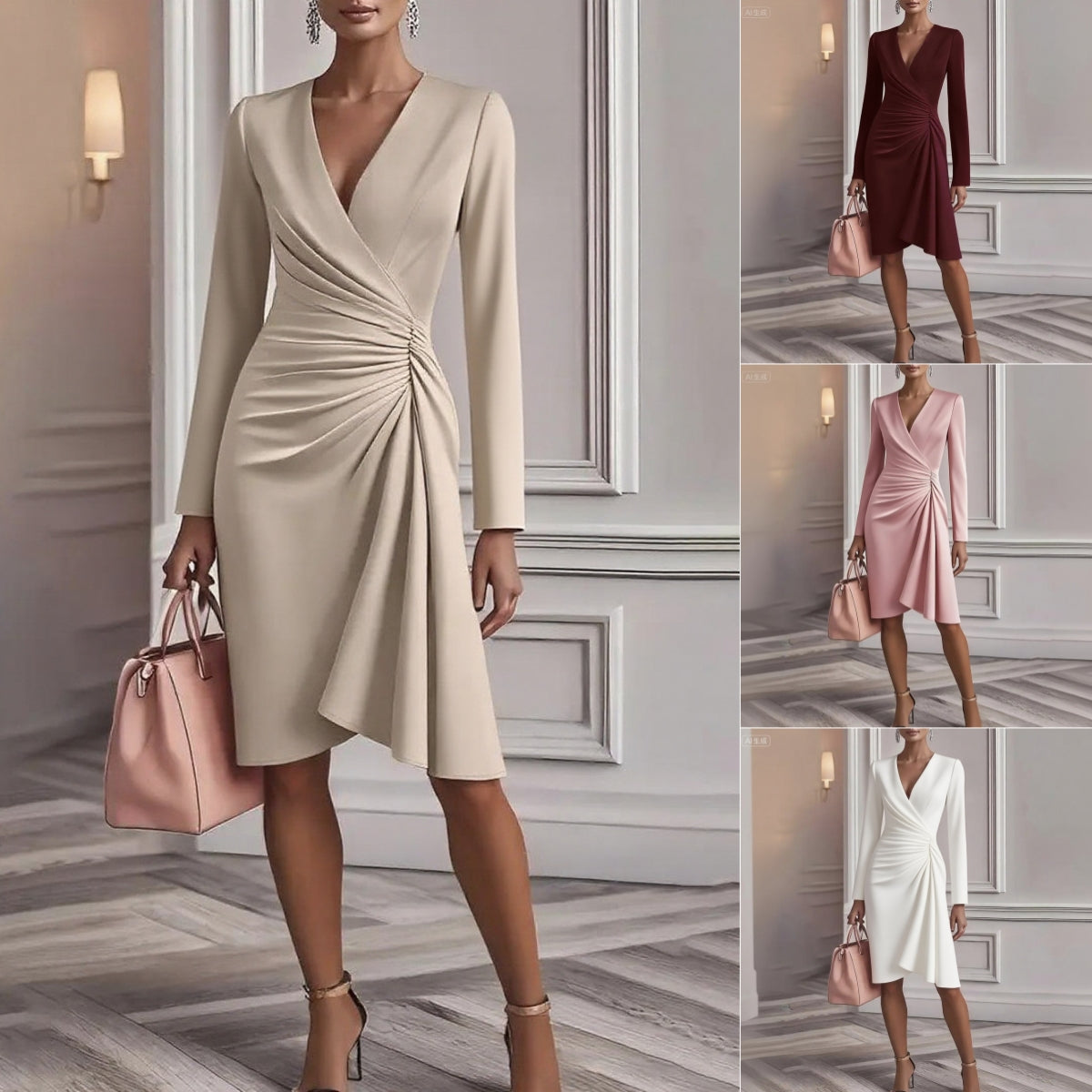 Women's Elegant Ruched V-Neck Midi Dress – Fitted A-Line Silhouette